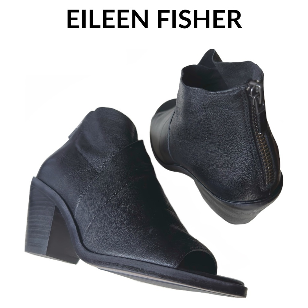 Eileen Fisher • Leather Open Toe Block Heel Bootie • Size 5 US • Black • EUC - Picture 4 of 16
